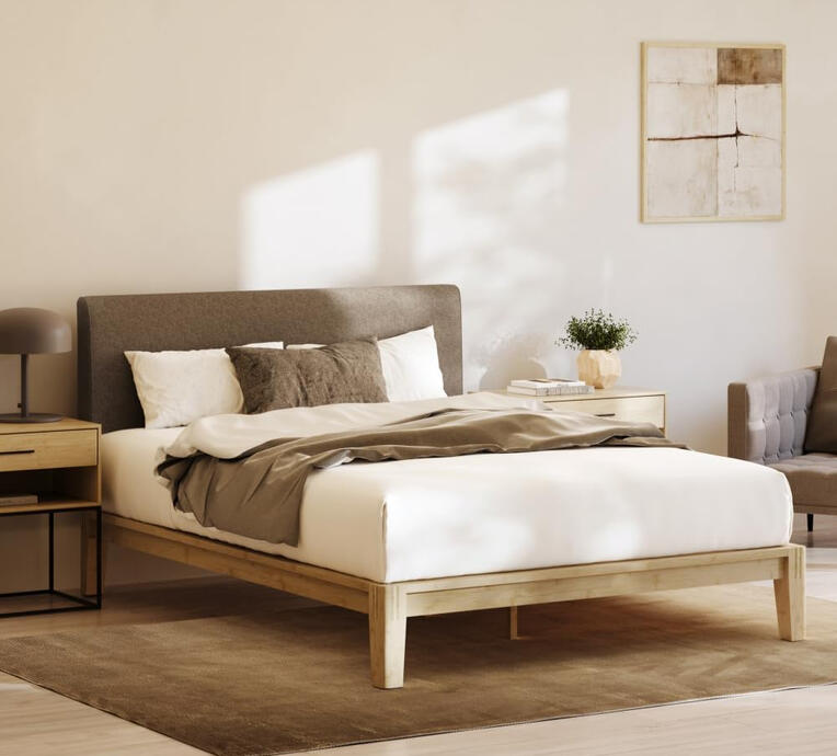 Solid bamboo bed frame with upholstered linen headboard in slate grey, minimalist design with Japanese joinery and warm boho style.