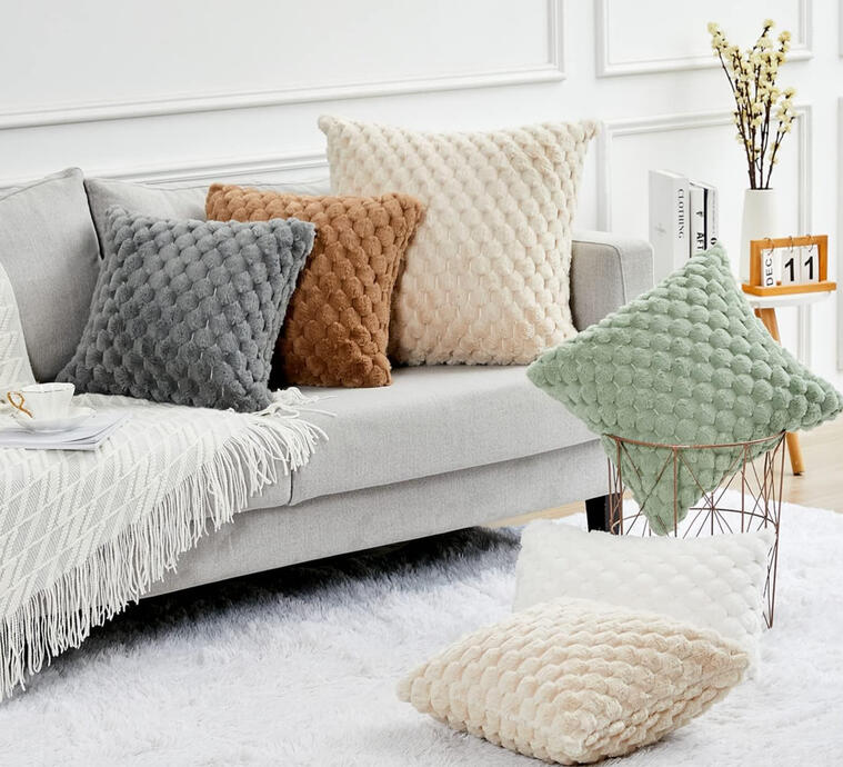 Muted copper, sage, ivory, and pewter tones — great texture and mid-century palette. Soft faux fur pillow with multicolor tones of adding cozy texture to neutral bedding.