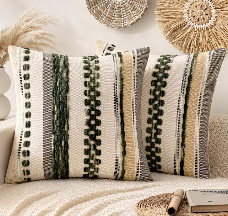 Subtle contrast and cozy detail without being flashy. Chenille striped pillow in neutral canvas tones with soft texture, ideal for layering on beds or sofas.