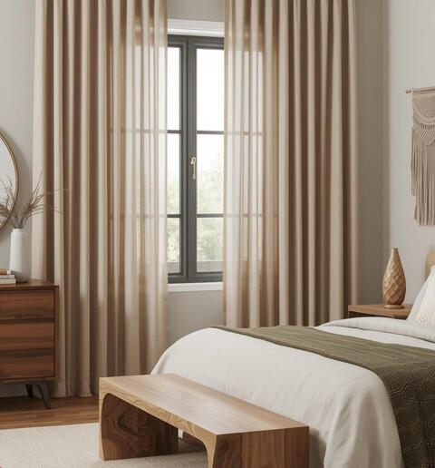 Neutral bedroom window with layered linen curtains — sheer white panels paired with heavier natural beige outer drapes, creating a cozy, light-filtered look.